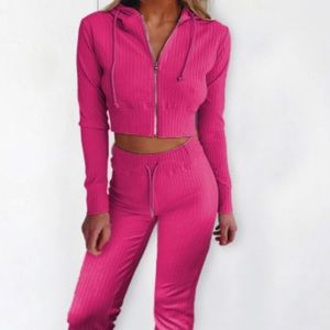 Pink ribbed knit cropped hoodie and jogger two piece set size 2XL